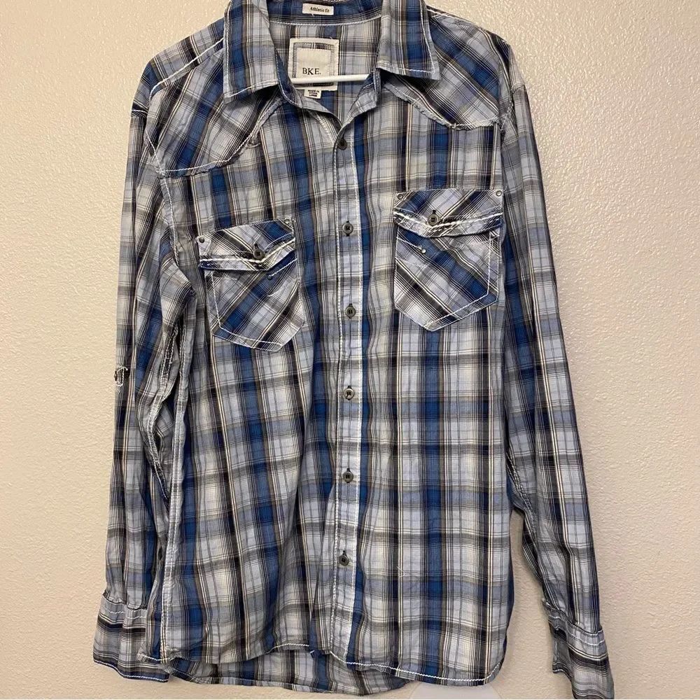 Buckle BKE athletic fit blue plaid thick stitch button up Western cotton shirt L